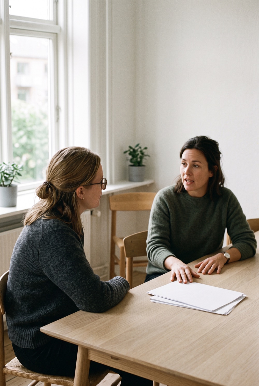 Two colleagues talking across a meeting-room table, papers between them.