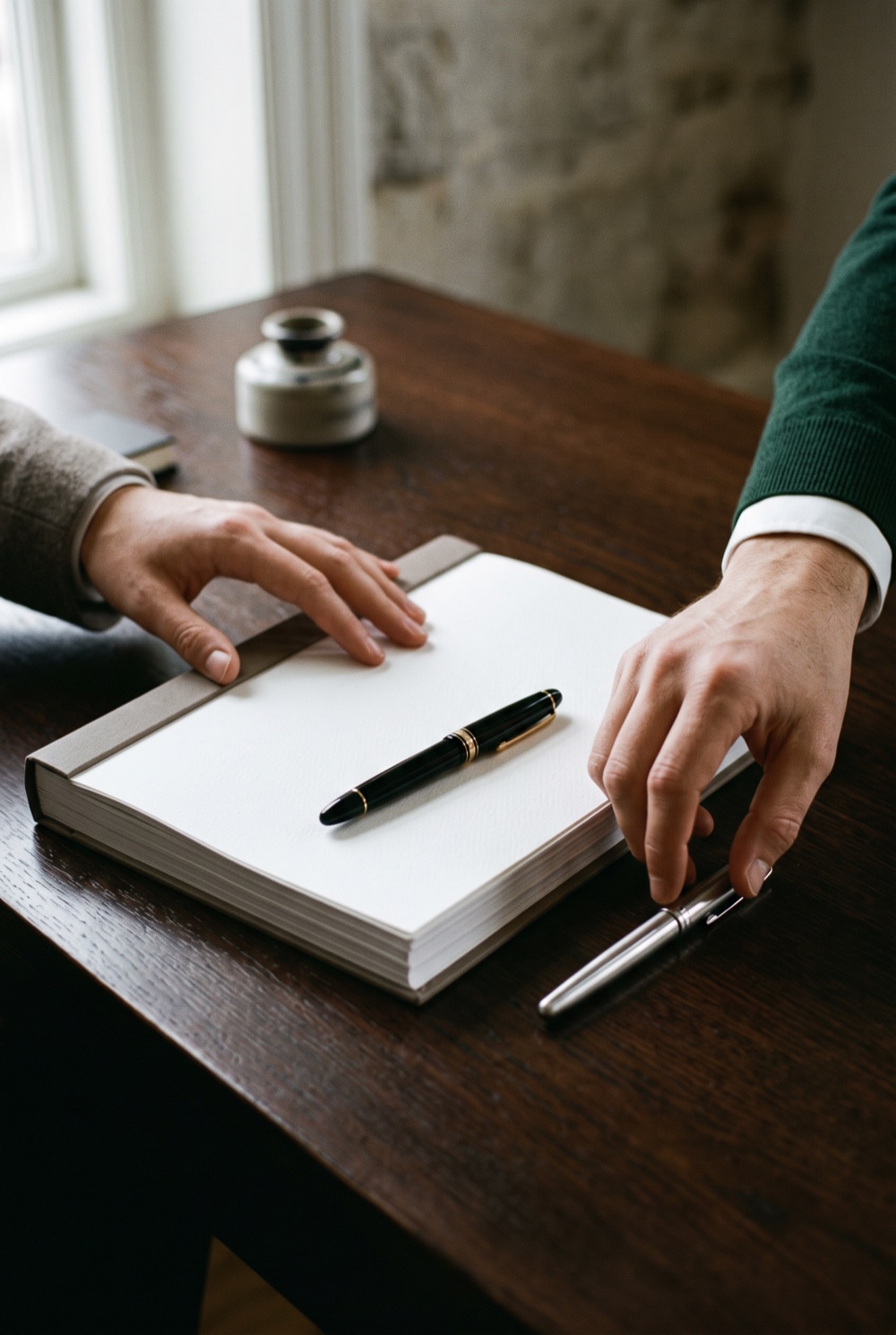 Two pairs of hands and fountain pens over a document on a dark wooden table.
