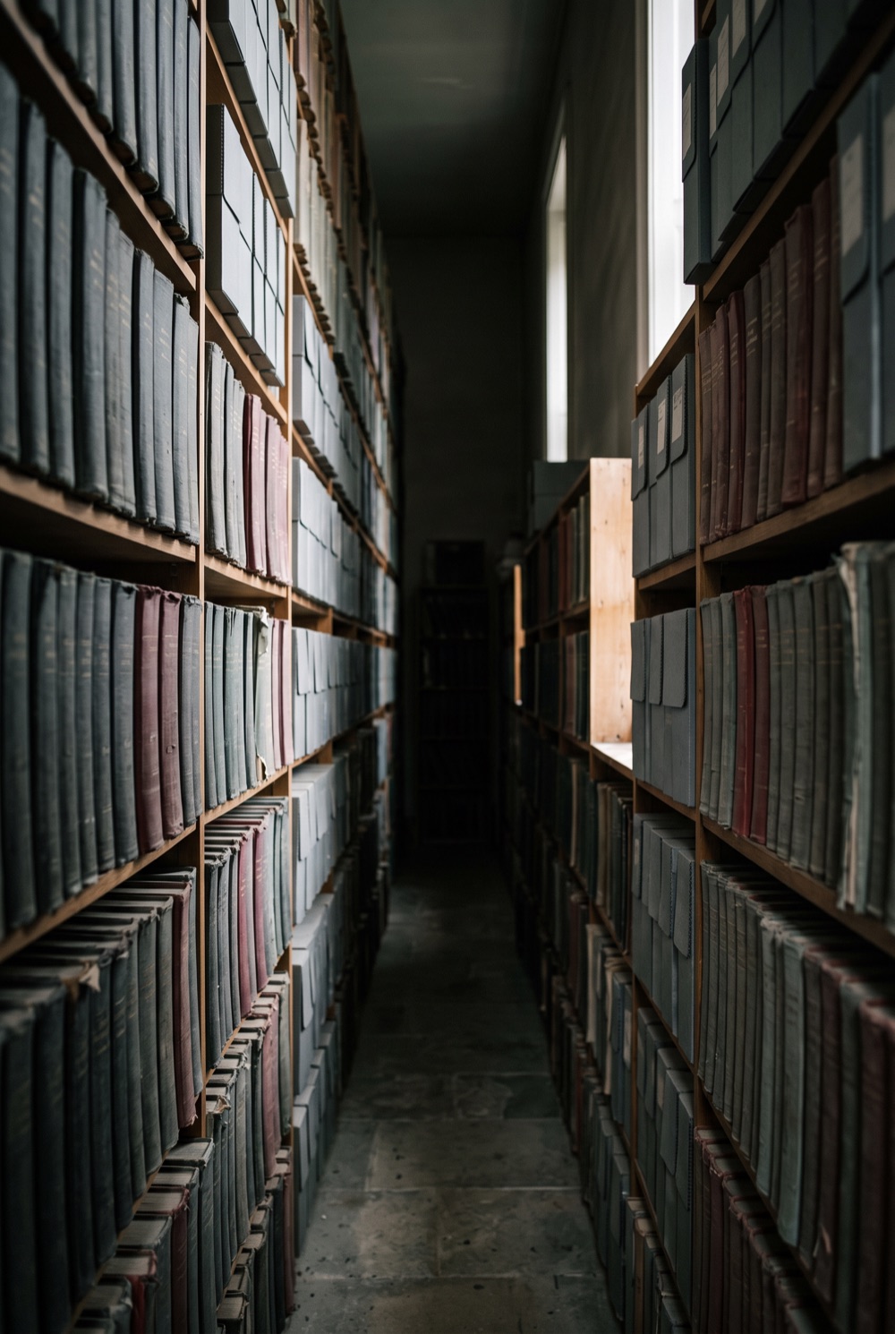 Rows of bound ledgers on archive shelves, receding into shadow.